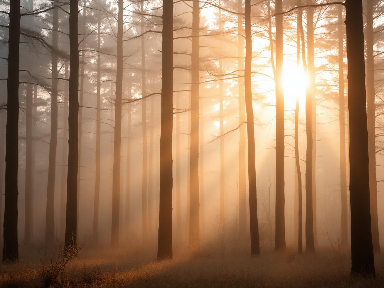 Mist-covered forest at sunrise with golden light filtering through tall trees